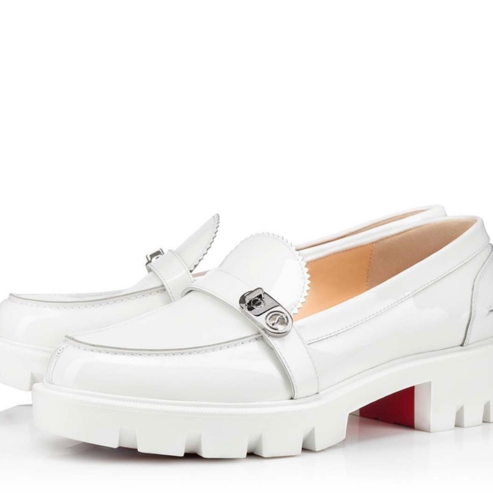 Christian Louboutin Lock Woody Flat Patent Bianco White Platform Loafer 41
